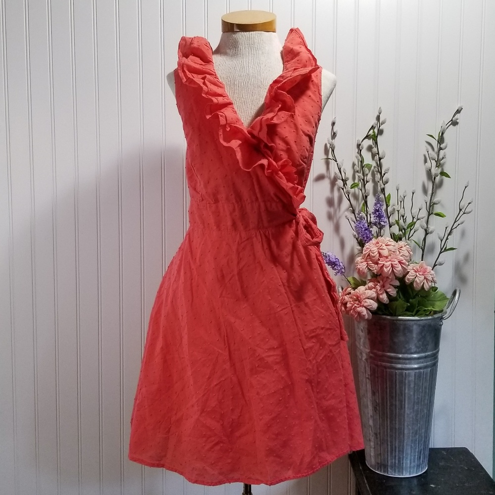 [faith 21] melon swiss dot ruffle wrap mini dress